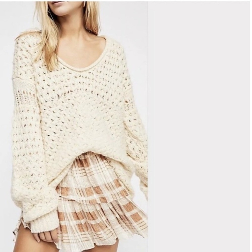 Free People Crushing Waves Ivory Chunky Open Knit Wool Bld Sweater XS Oversized